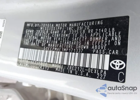 2021 Toyota Corolla Le from USA, damaged, VIN 5YFEPMAE1MP171337